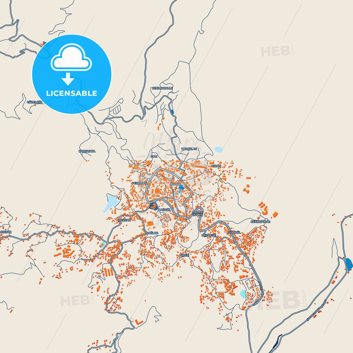 Colorful Hakkâri Street Map with Labels and Buildings