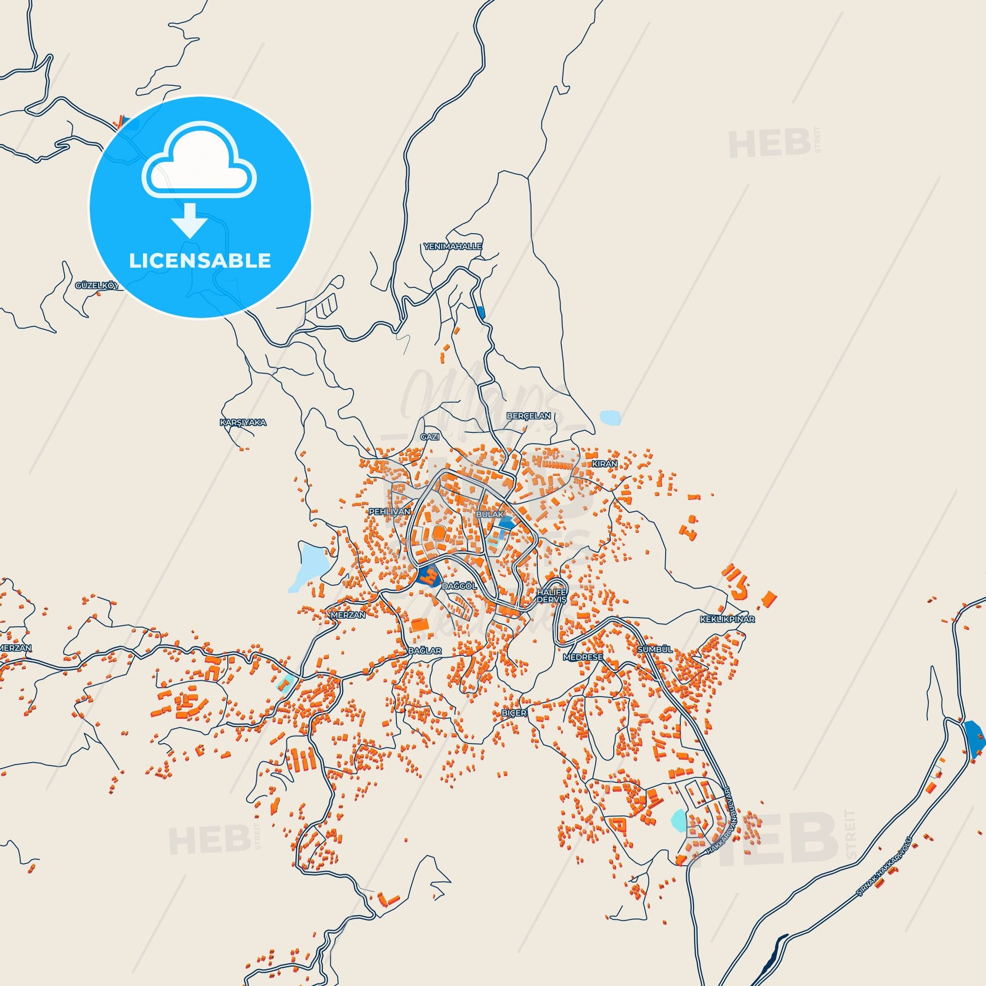 Colorful Hakkâri Street Map with Labels and Buildings