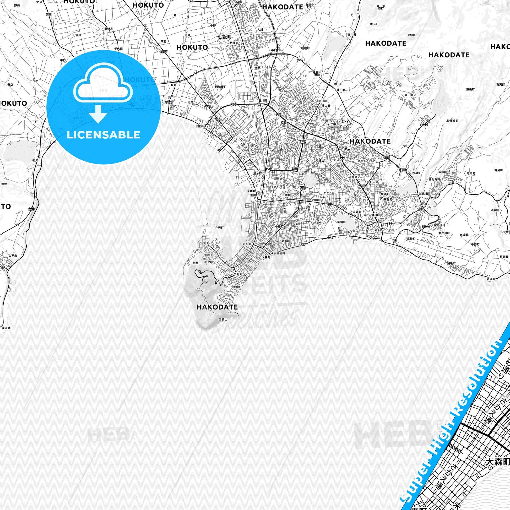 Hakodate, Japan light map with streetnames, citynames and districts