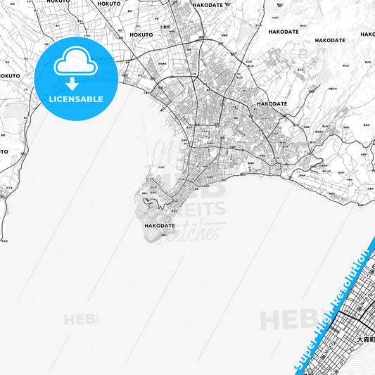 Hakodate, Japan light map with streetnames, citynames and districts