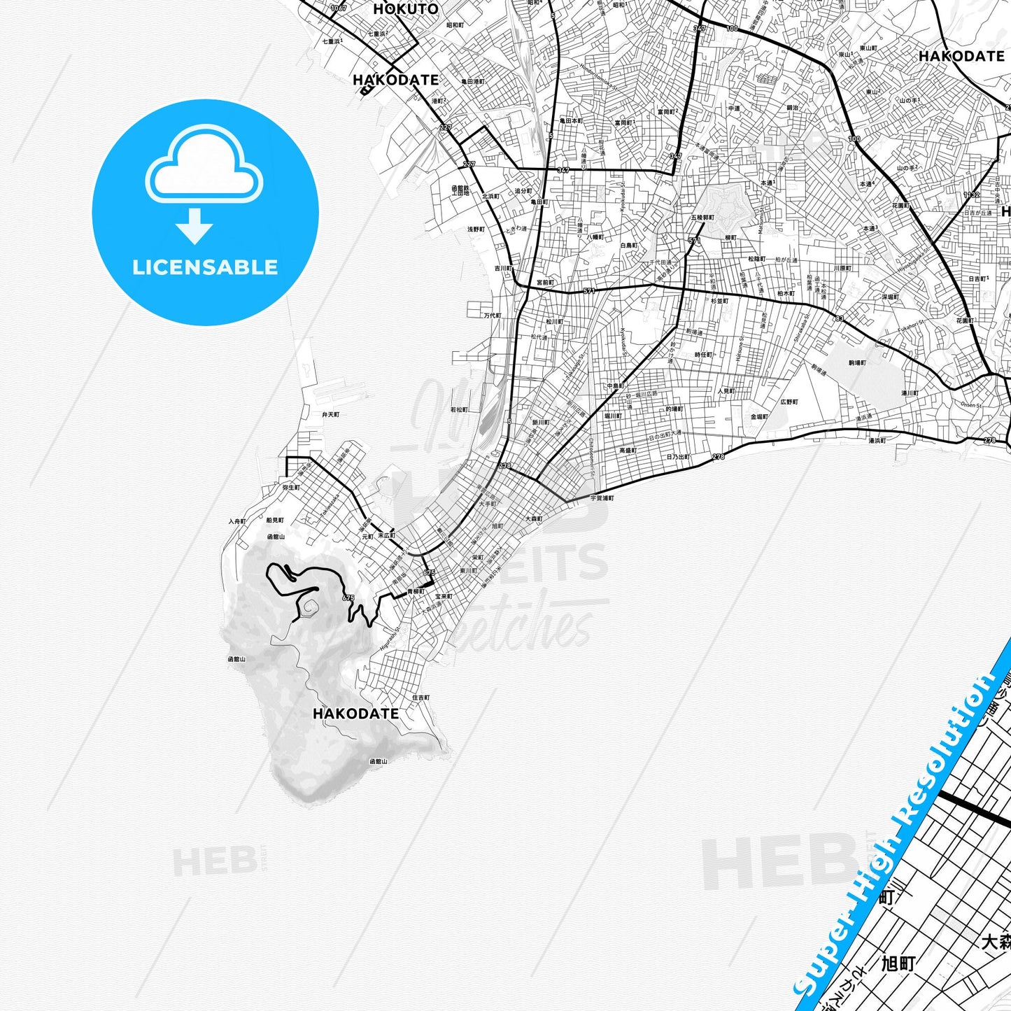 Hakodate, Japan Light Map with Street Names, City Names, and Districts