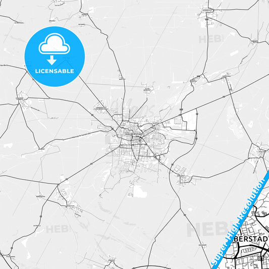 Halberstadt, Germany light map with streetnames, citynames and districts