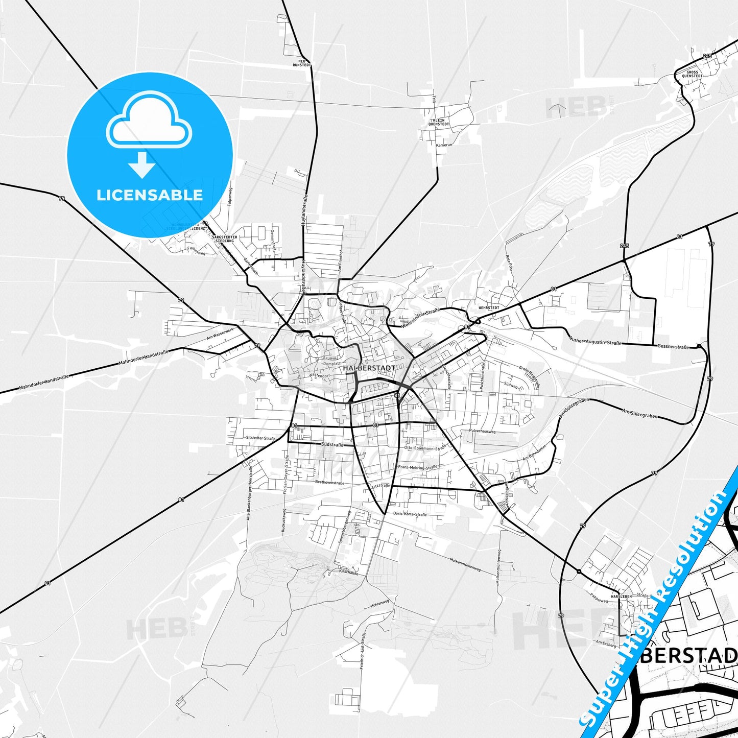 Halberstadt, Germany Light Map with Street Names, City Names, and Districts
