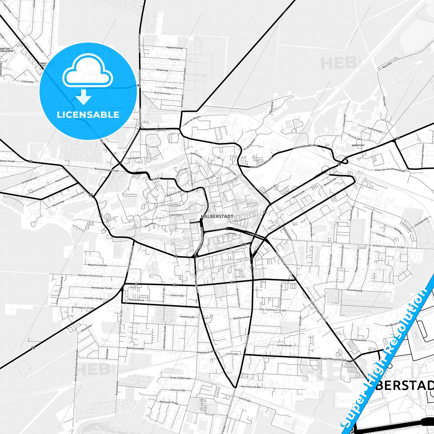 Halberstadt, Germany Light Map with Street Names, City Names, and Districts