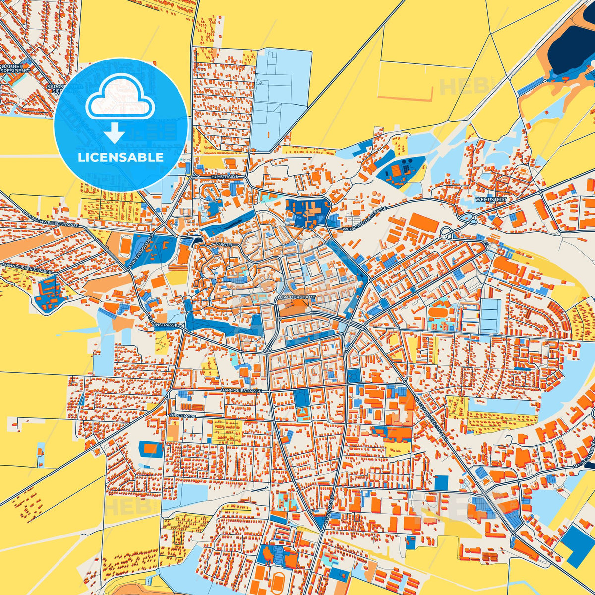 Colorful Halberstadt Street Map with Labels and Buildings