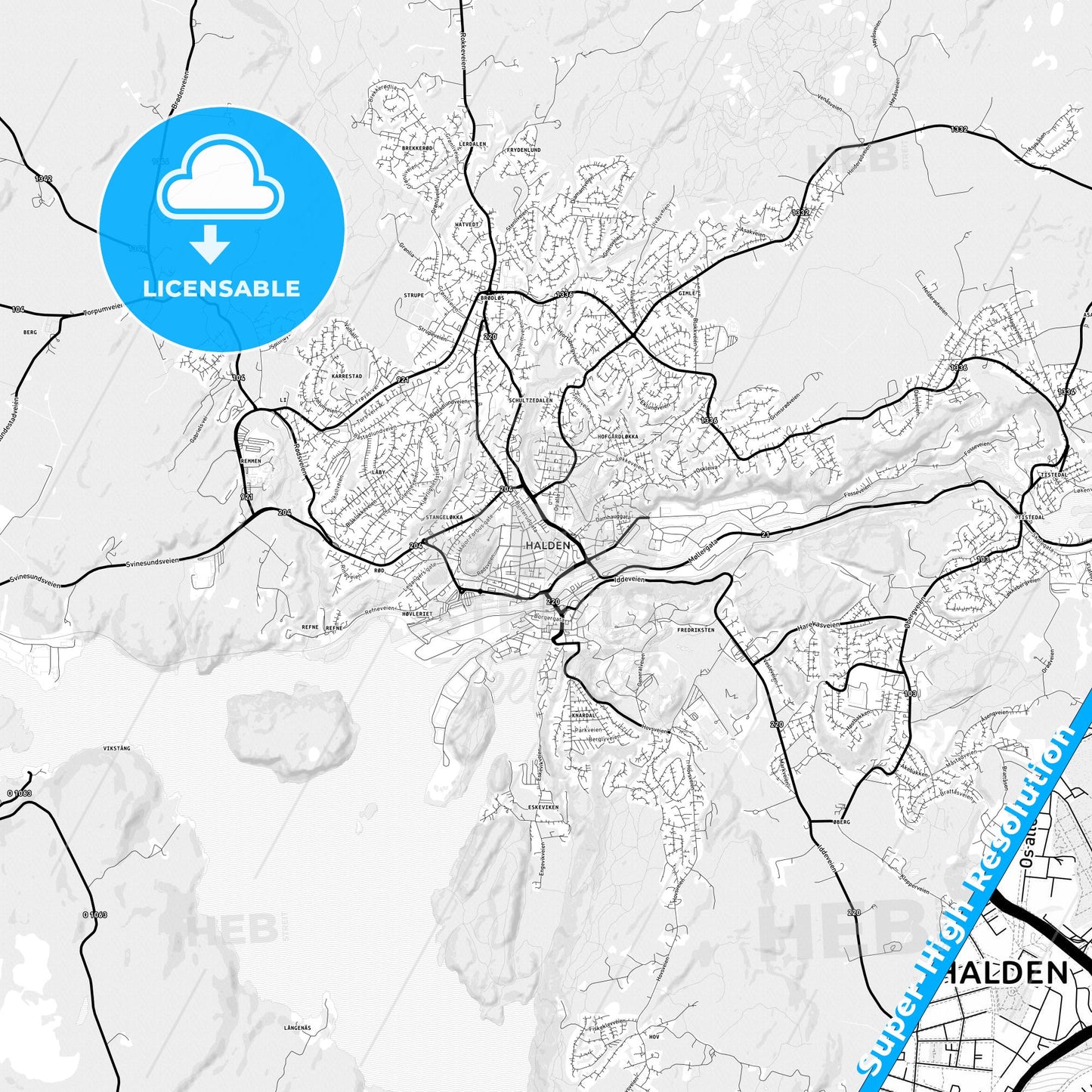 Halden, Norway Light Map with Street Names, City Names, and Districts