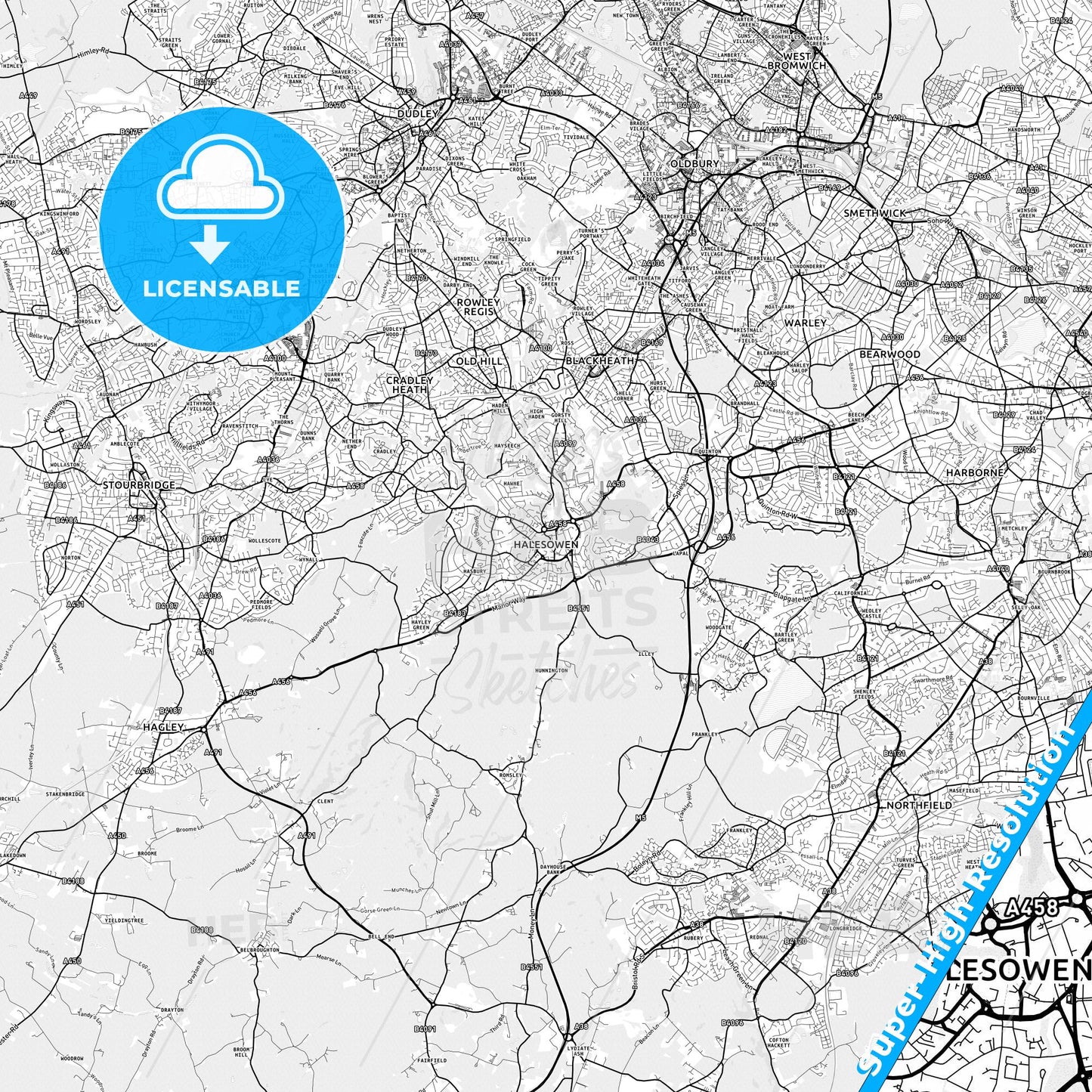 Halesowen, England light map with streetnames, citynames and districts