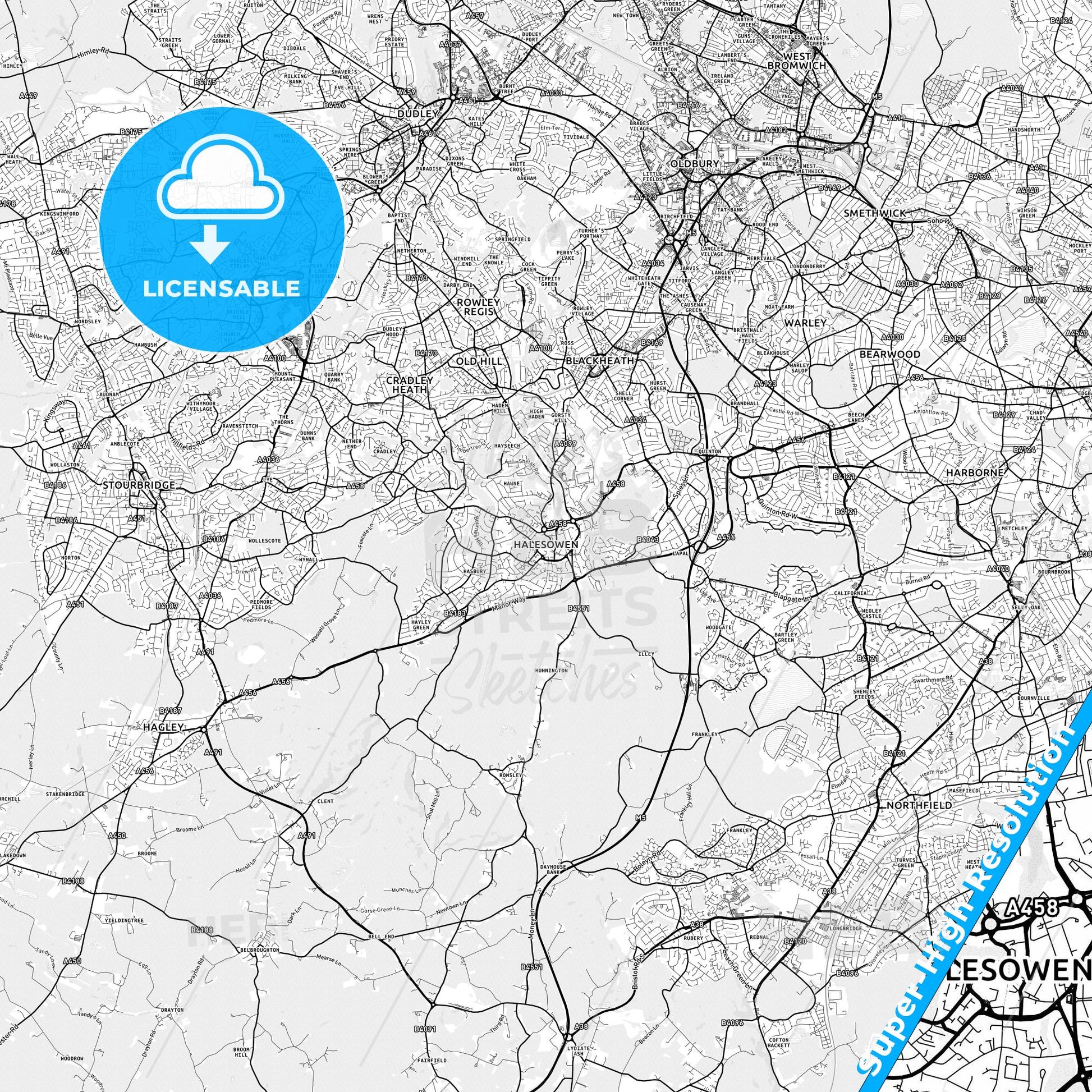 Halesowen, England light map with streetnames, citynames and districts