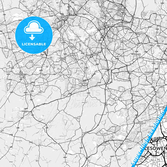 Halesowen, England light map with streetnames, citynames and districts