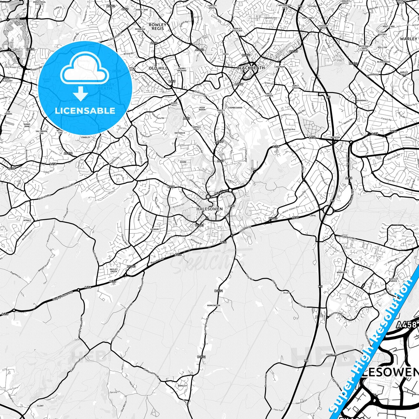 Halesowen, England Light Map with Street Names, City Names, and Districts