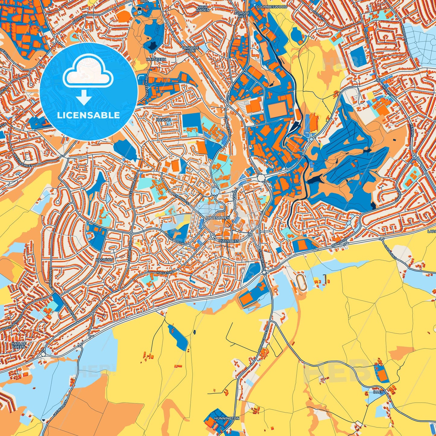 Colorful Halesowen Street Map with Labels and Buildings