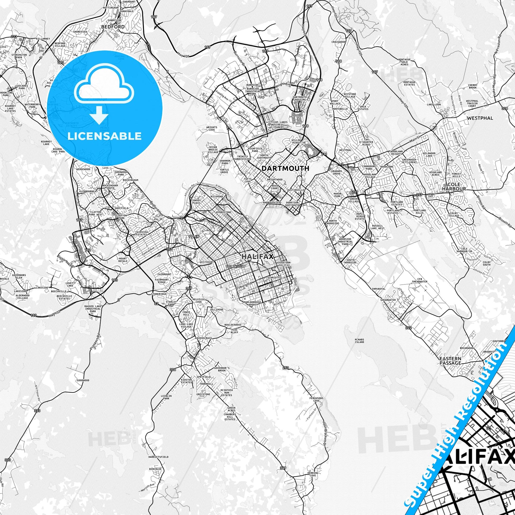 Halifax, Canada light map with streetnames, citynames and districts