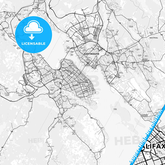Halifax, Canada light map with streetnames, citynames and districts