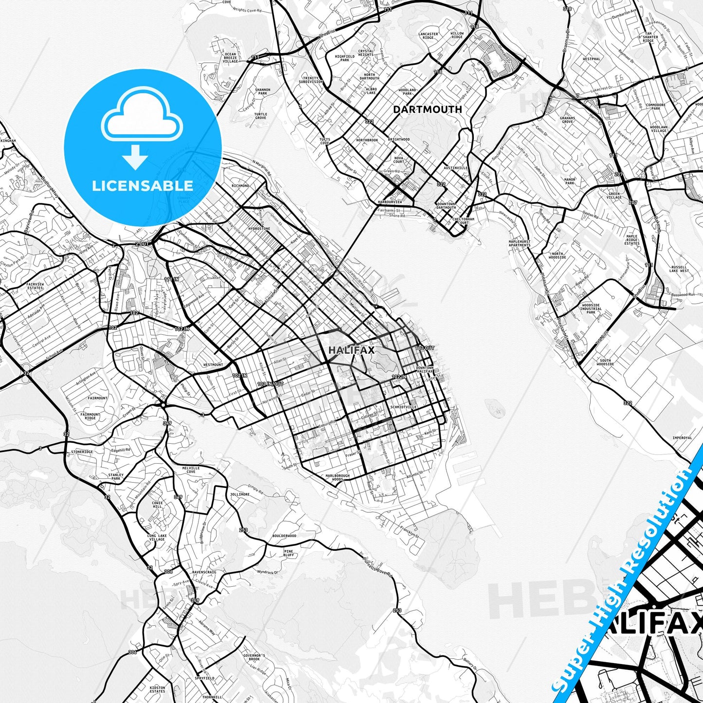 Halifax, Canada Light Map with Street Names, City Names, and Districts