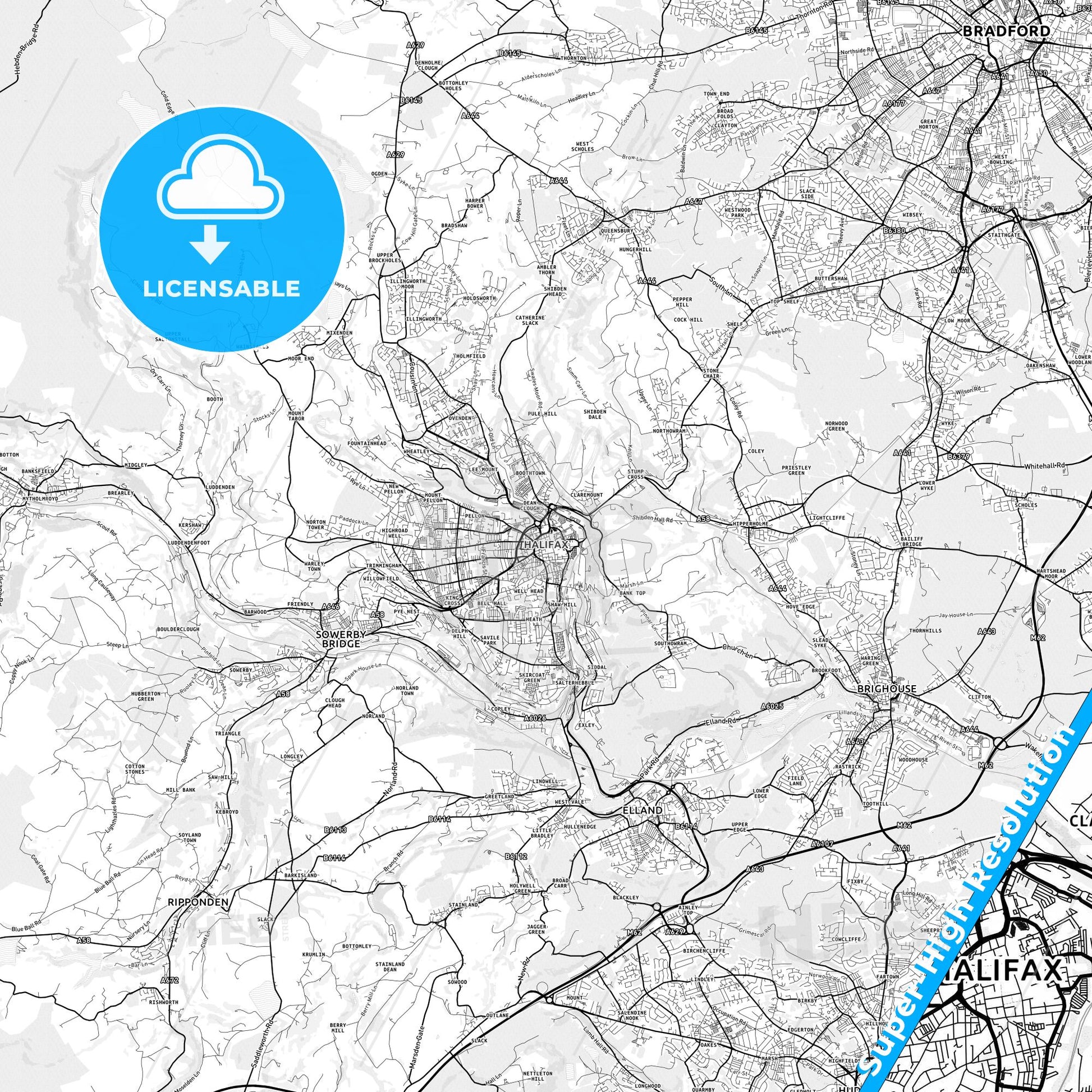 Halifax, England light map with streetnames, citynames and districts