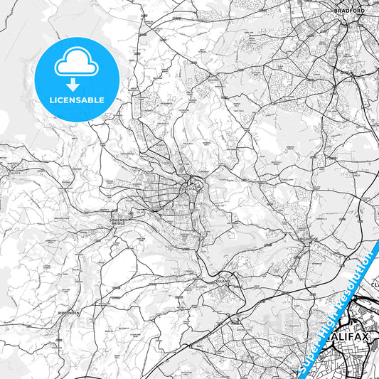 Halifax, England light map with streetnames, citynames and districts