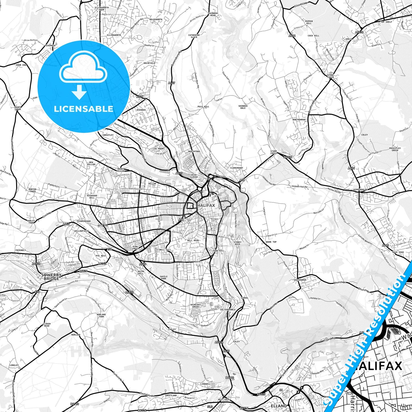 Halifax, England Light Map with Street Names, City Names, and Districts
