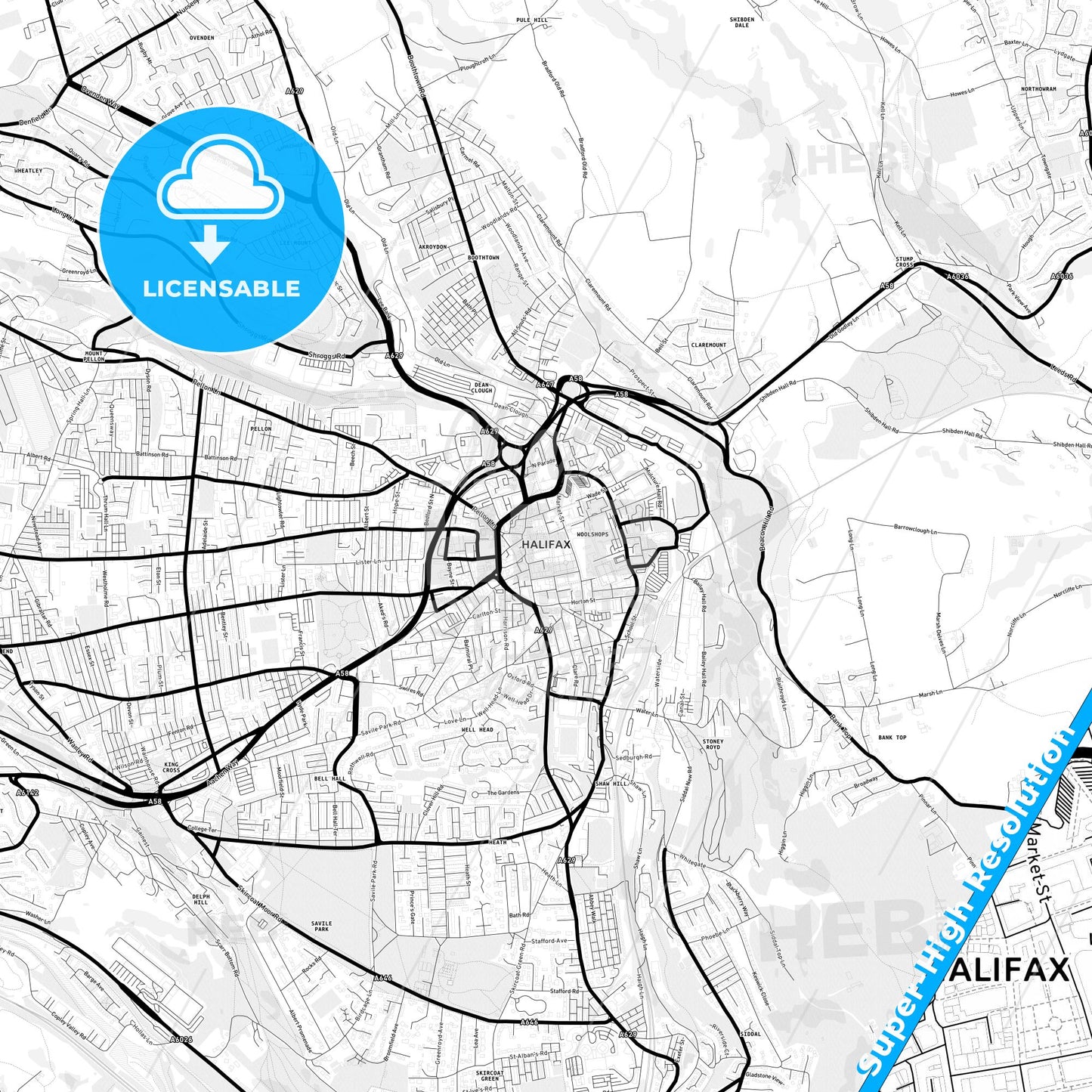 Halifax, England Light Map with Street Names, City Names, and Districts