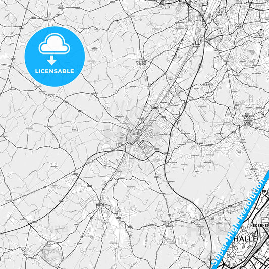 Halle, Belgium light map with streetnames, citynames and districts