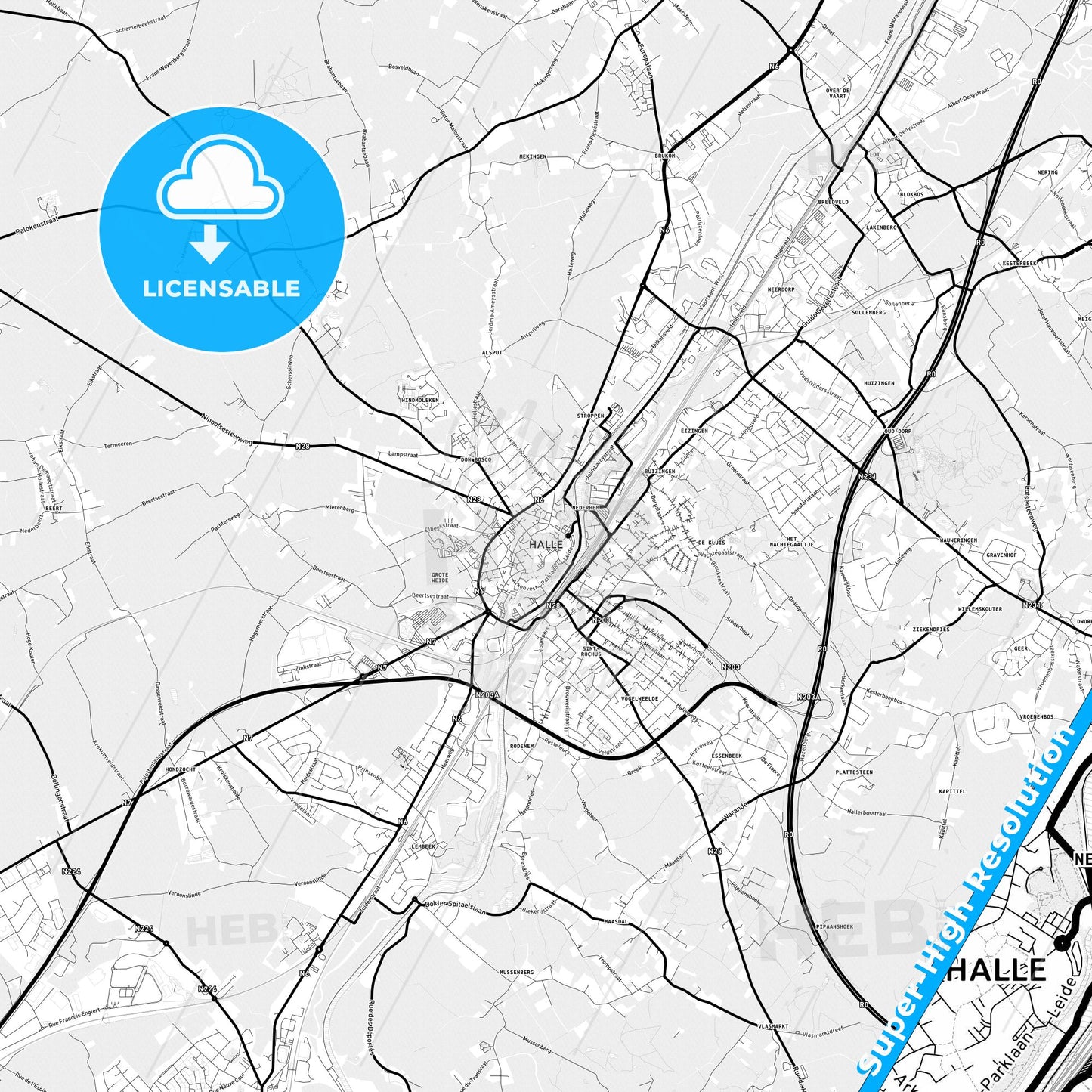 Halle, Belgium Light Map with Street Names, City Names, and Districts