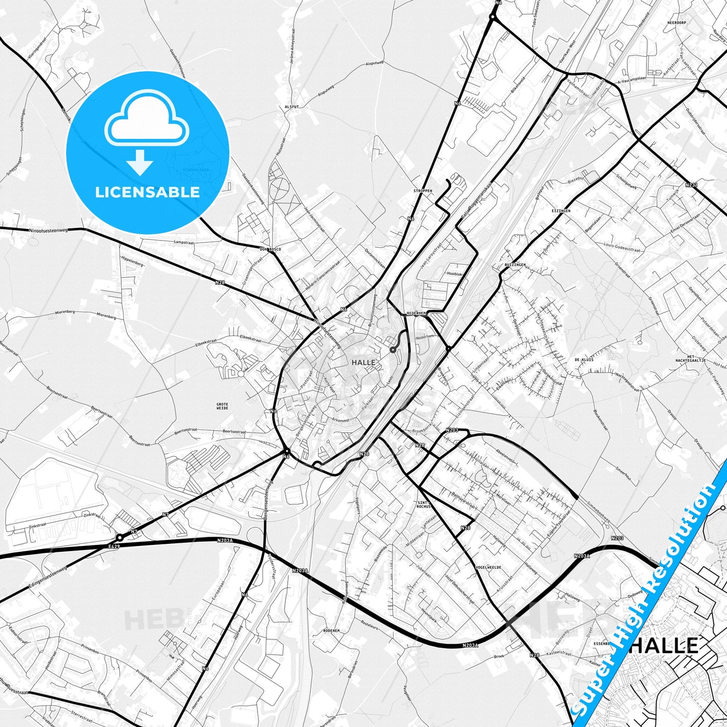 Halle, Belgium Light Map with Street Names, City Names, and Districts