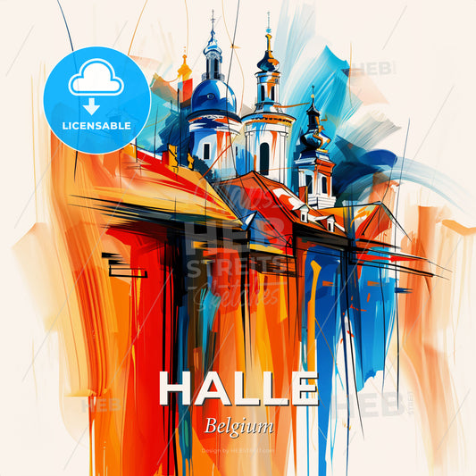 Vibrant Halle , Belgium - A Painting Of A Building With Towers - Square format print template