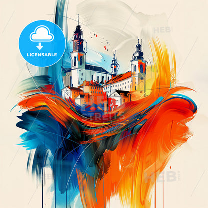 Vibrant Halle , Belgium - A Painting Of A Building With Towers And A Colorful Brushstroke