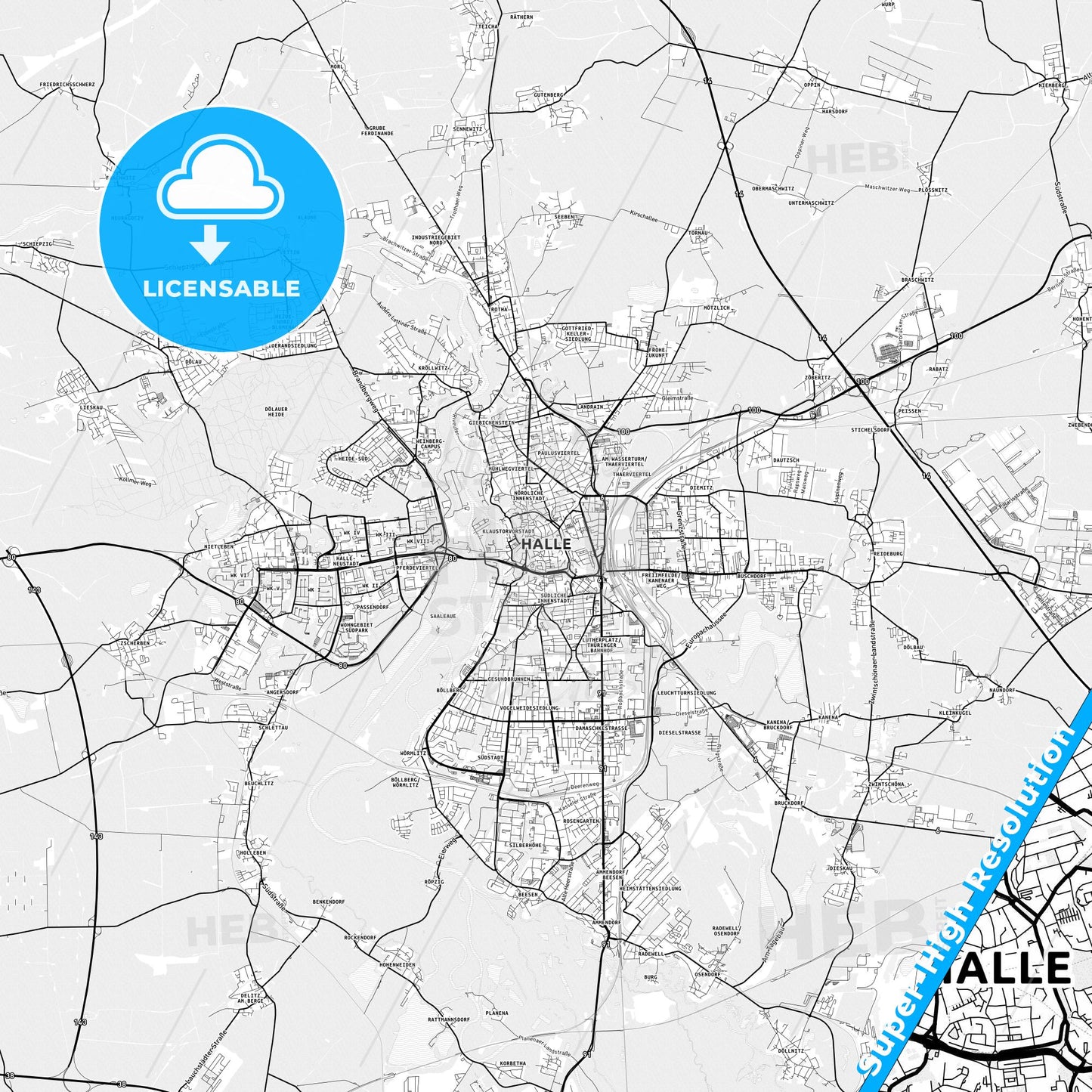Halle (Saale), Germany light map with streetnames, citynames and districts
