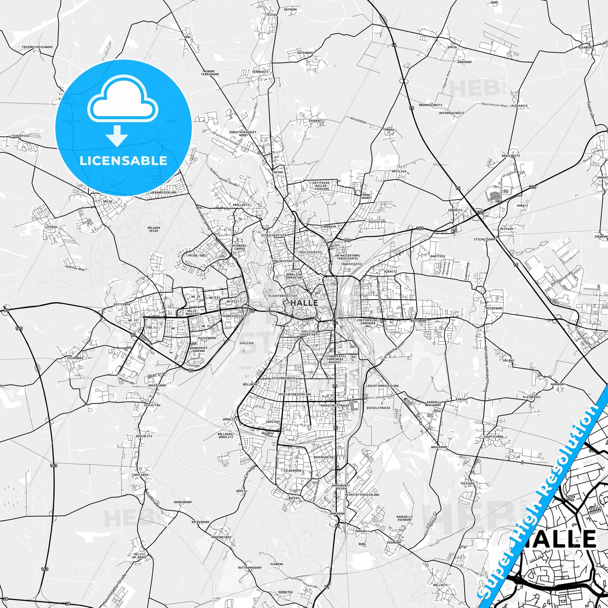 Halle (Saale), Germany light map with streetnames, citynames and districts