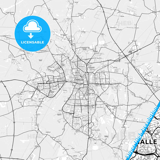 Halle (Saale), Germany light map with streetnames, citynames and districts