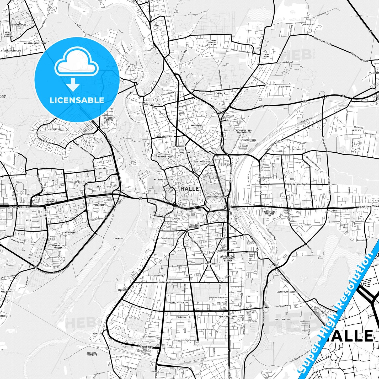 Halle (Saale), Germany Light Map with Street Names, City Names, and Districts