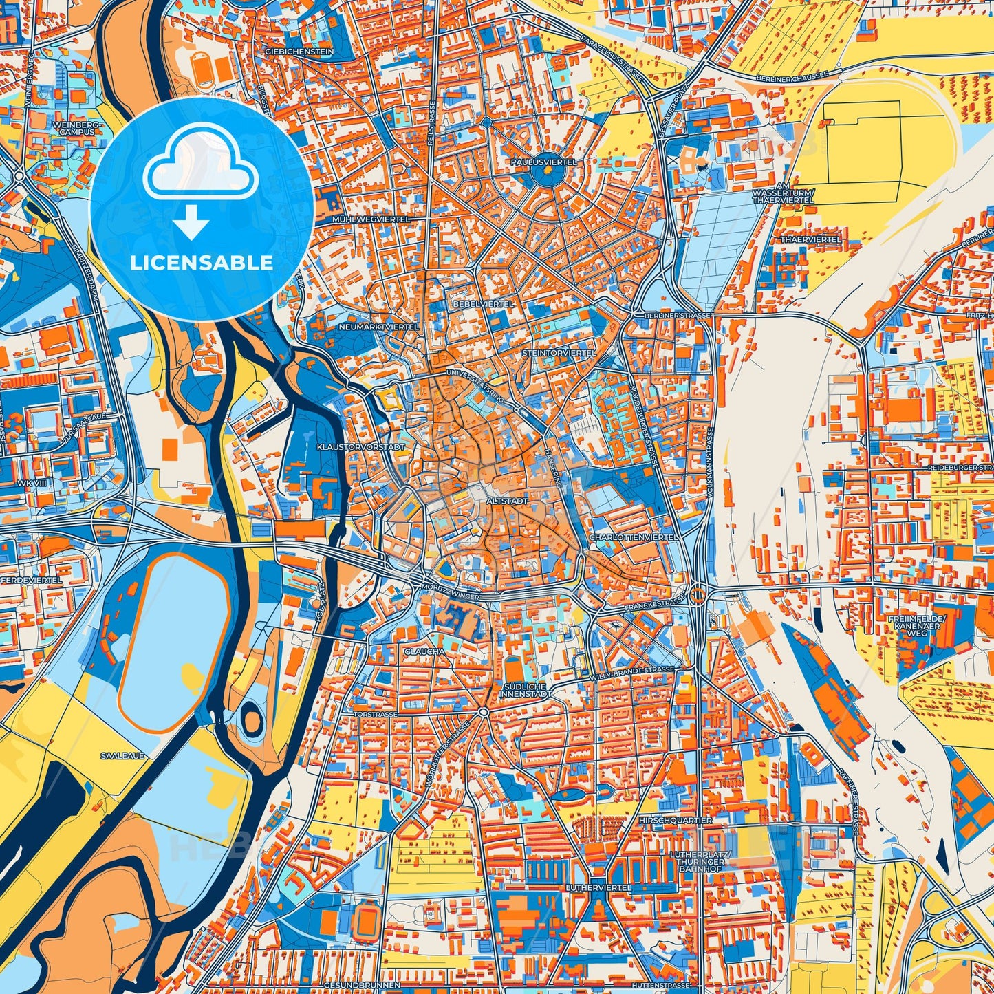 Colorful Halle (Saale) Street Map with Labels and Buildings
