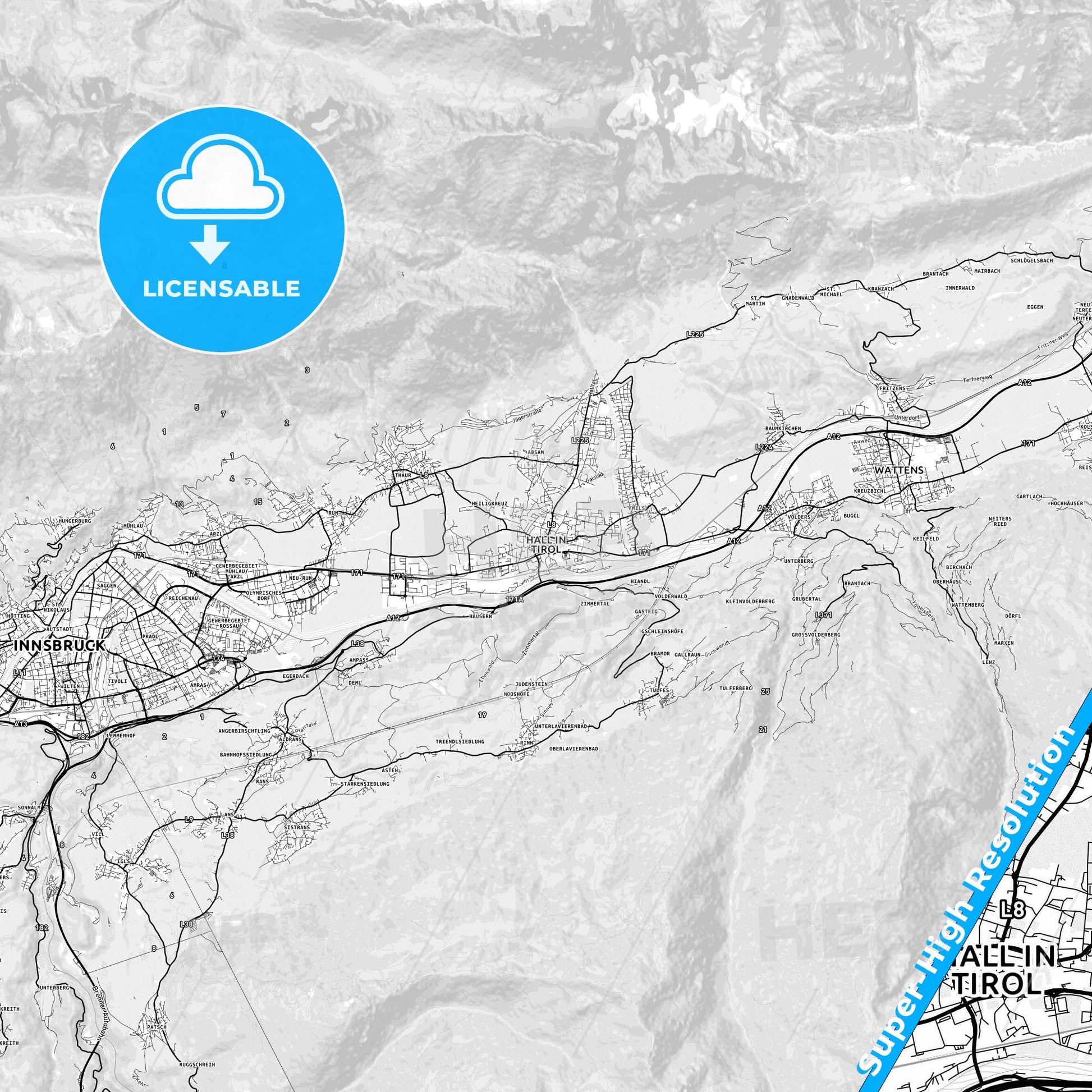 Hall in Tirol, Austria light map with streetnames, citynames and districts