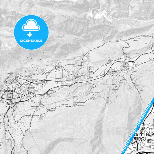 Hall in Tirol, Austria light map with streetnames, citynames and districts