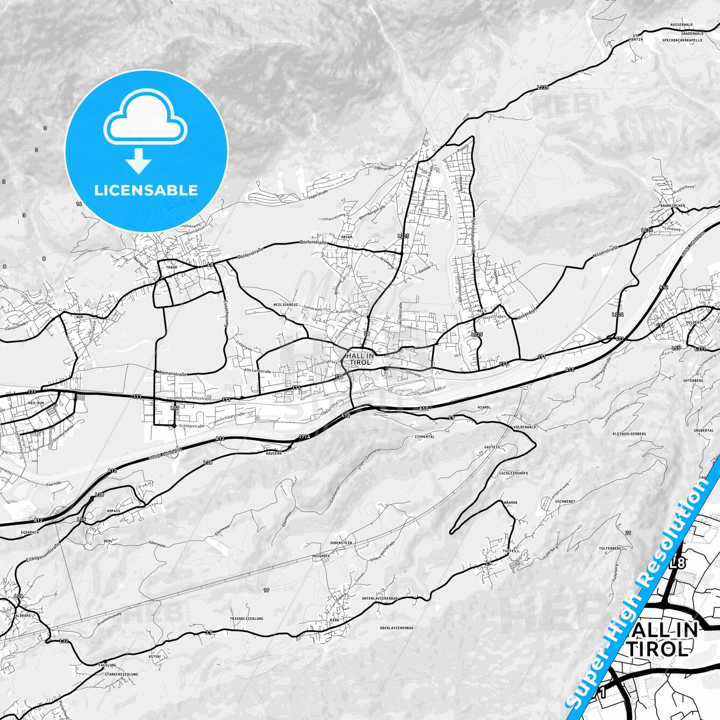 Hall in Tirol, Austria Light Map with Street Names, City Names, and Districts