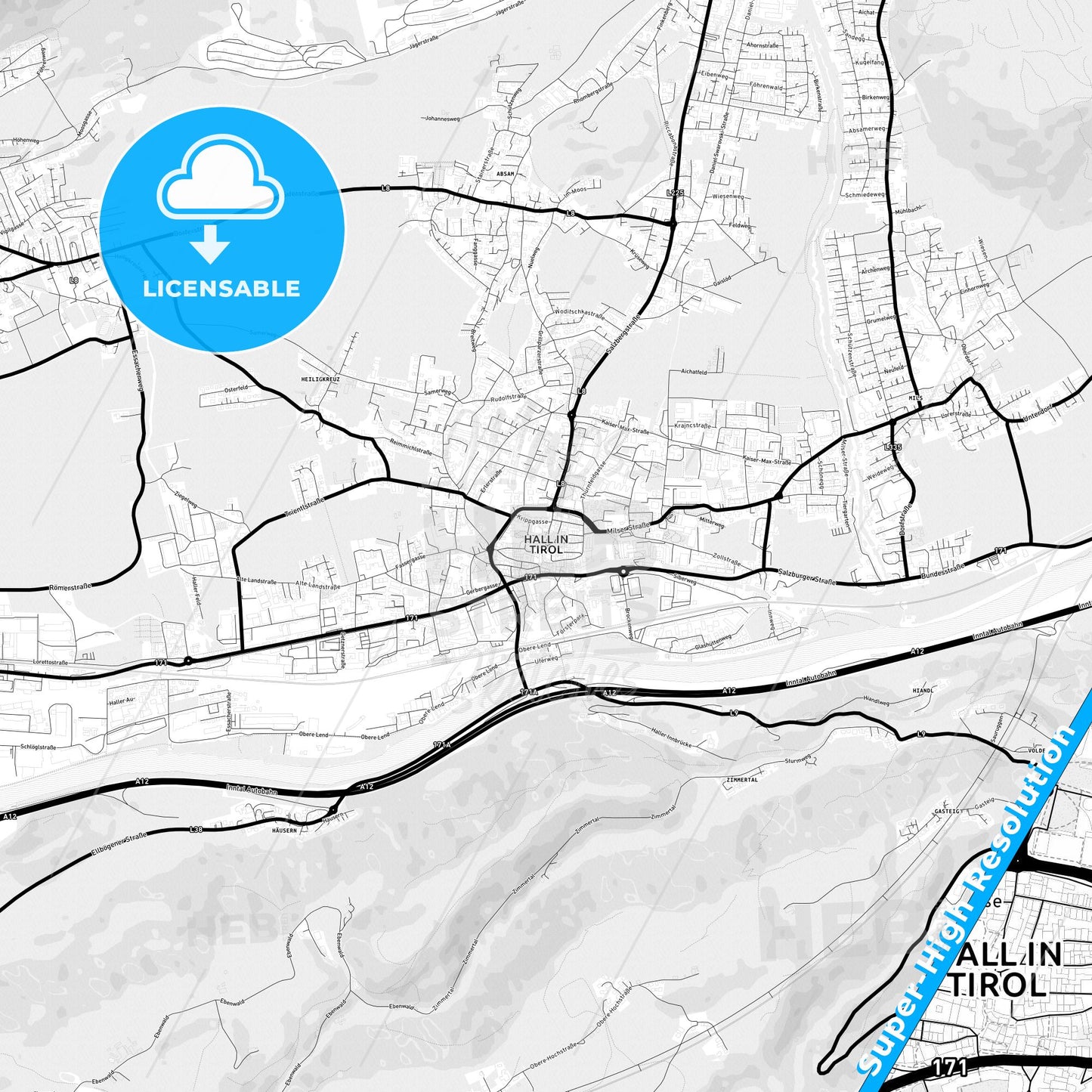 Hall in Tirol, Austria Light Map with Street Names, City Names, and Districts