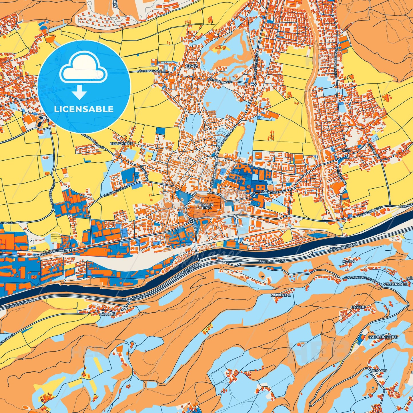 Colorful Hall in Tirol Street Map with Labels and Buildings