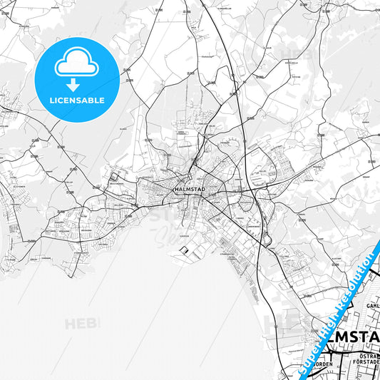 Halmstad, Sweden light map with streetnames, citynames and districts