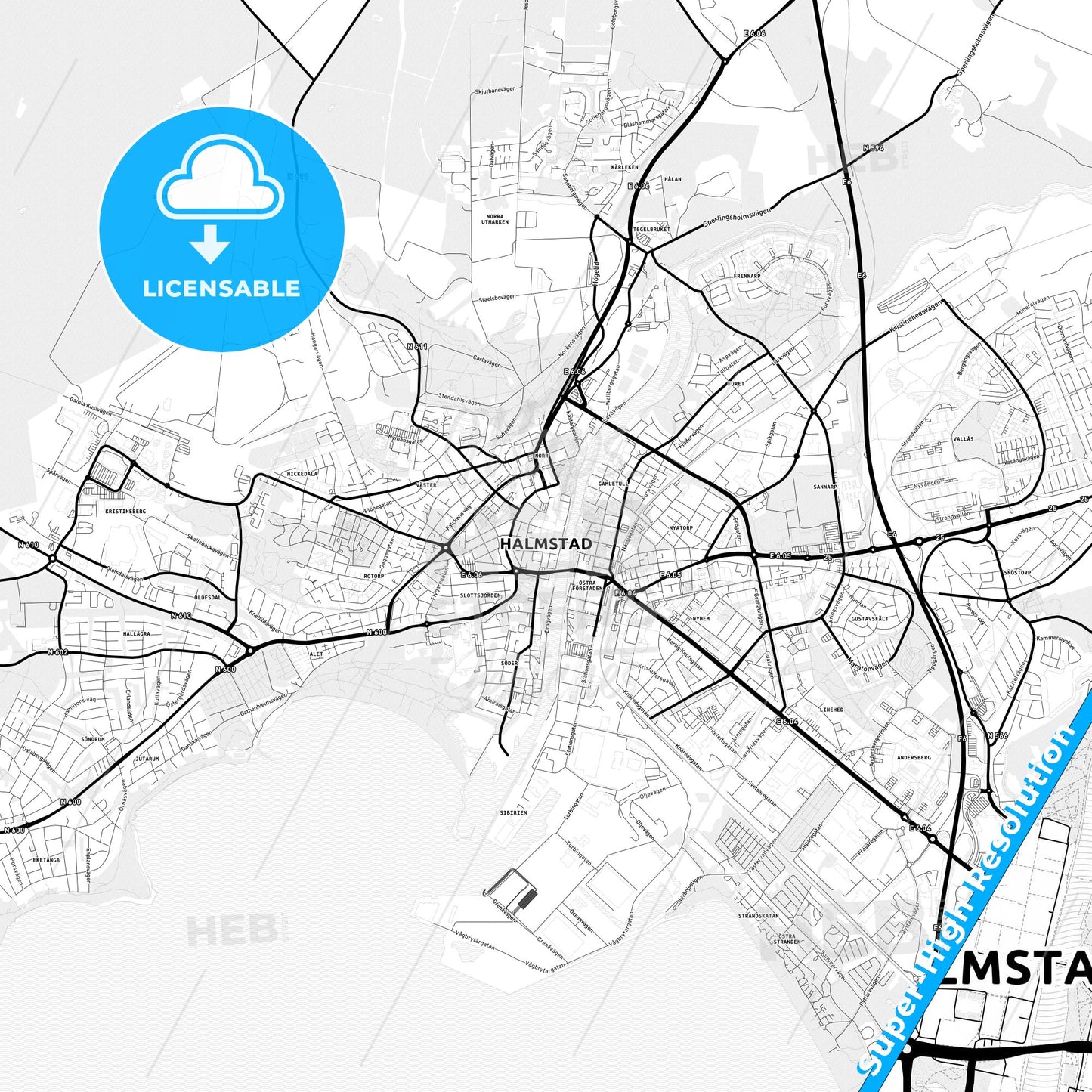 Halmstad, Sweden Light Map with Street Names, City Names, and Districts