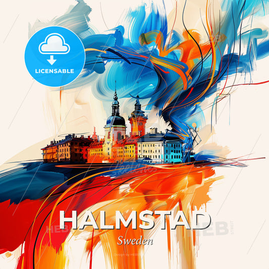 Vibrant Halmstad, Sweden - A Painting Of A Building With Colorful Paint Splashes - Square format print template
