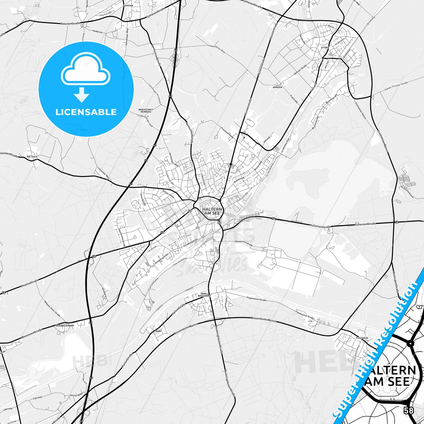 Haltern am See, Germany Light Map with Street Names, City Names, and Districts
