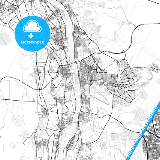 Halwan, Egypt light map with streetnames, citynames and districts