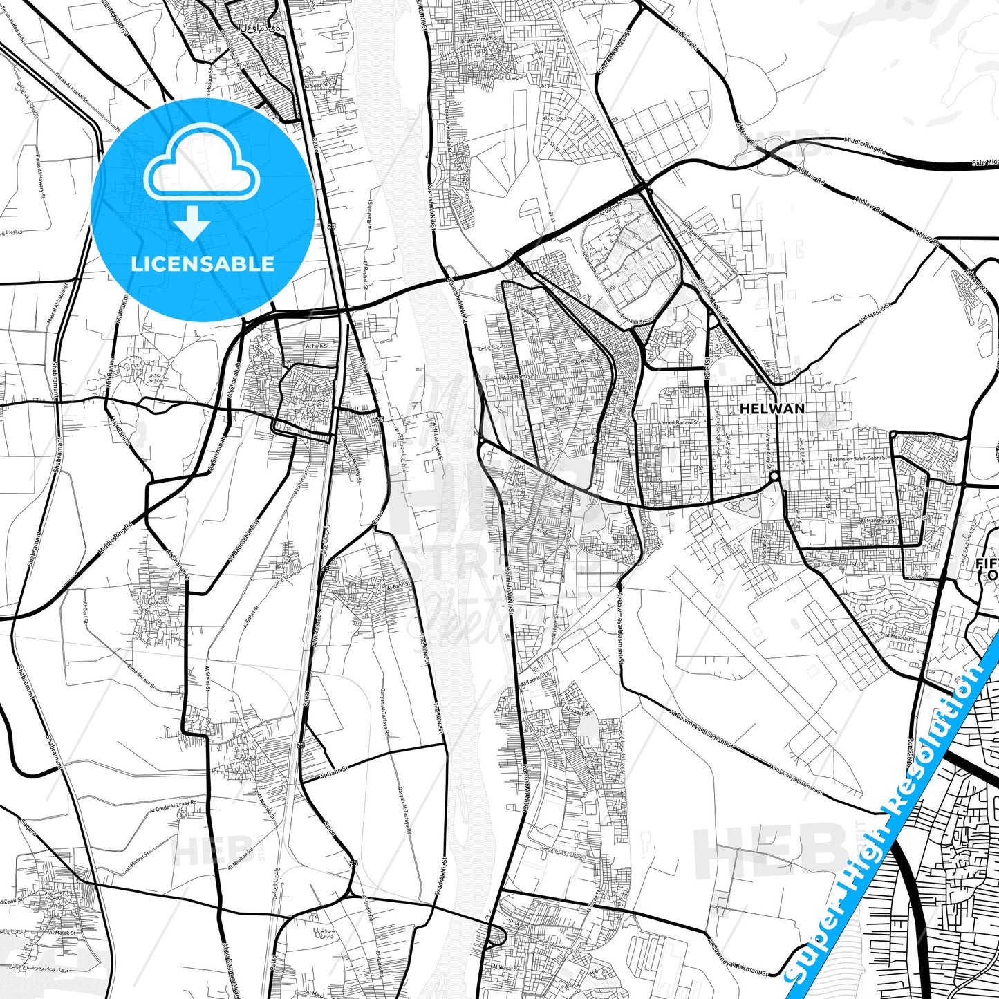 Halwan, Egypt Light Map with Street Names, City Names, and Districts
