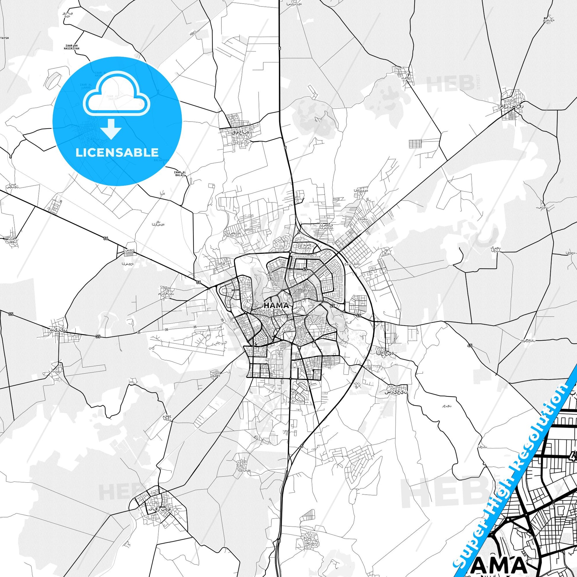 Hama, Syria light map with streetnames, citynames and districts