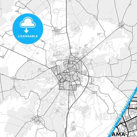 Hama, Syria light map with streetnames, citynames and districts