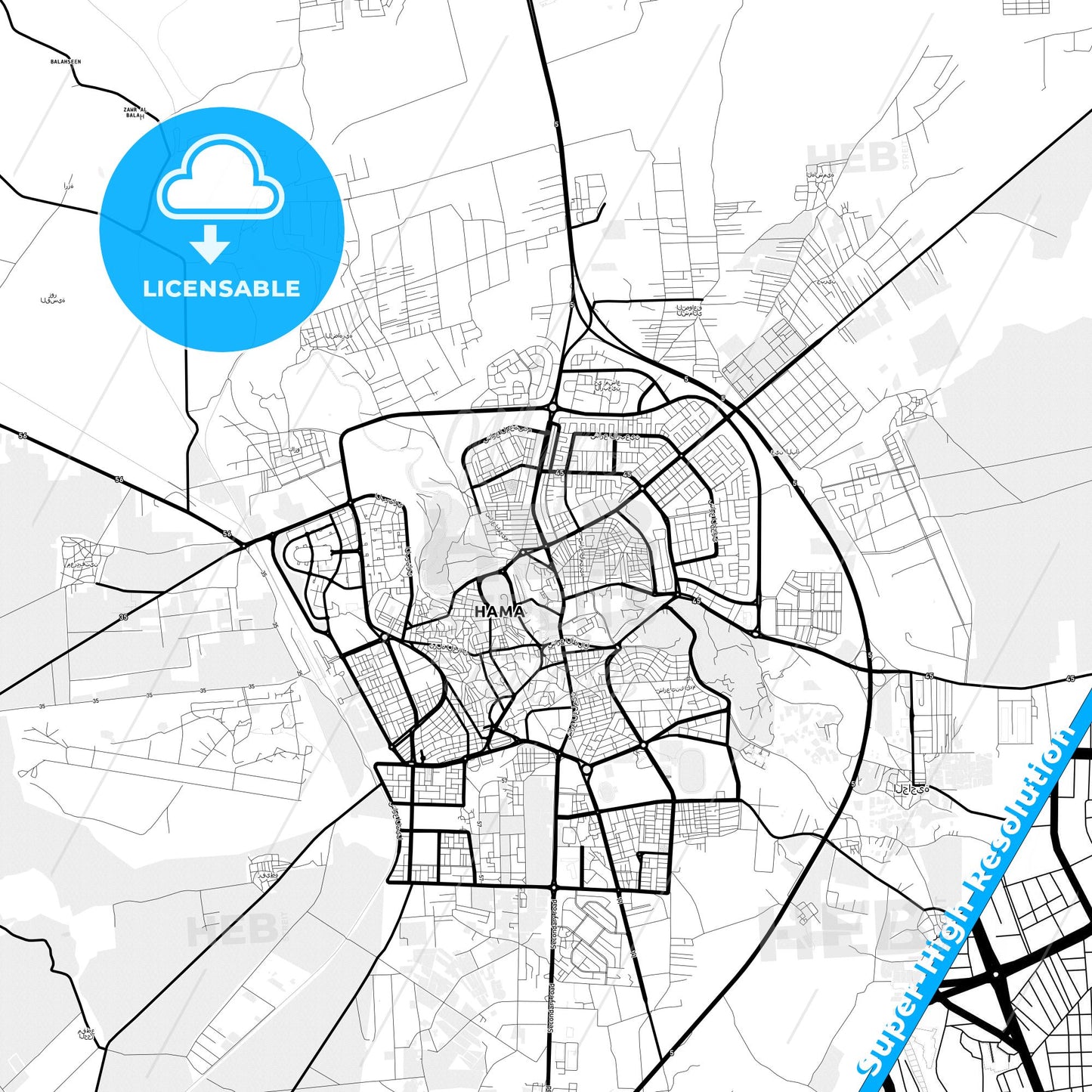 Hama, Syria Light Map with Street Names, City Names, and Districts