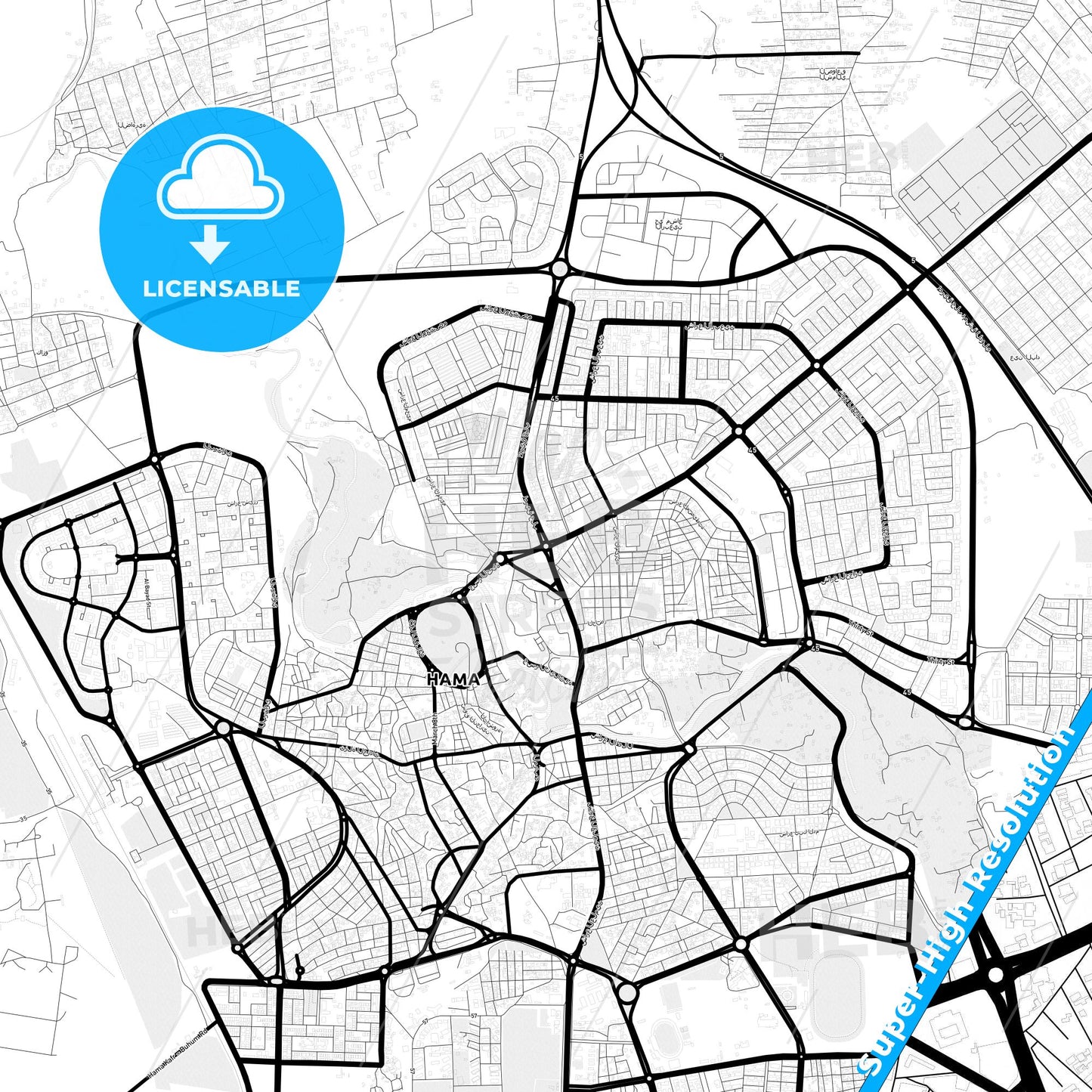 Hama, Syria Light Map with Street Names, City Names, and Districts