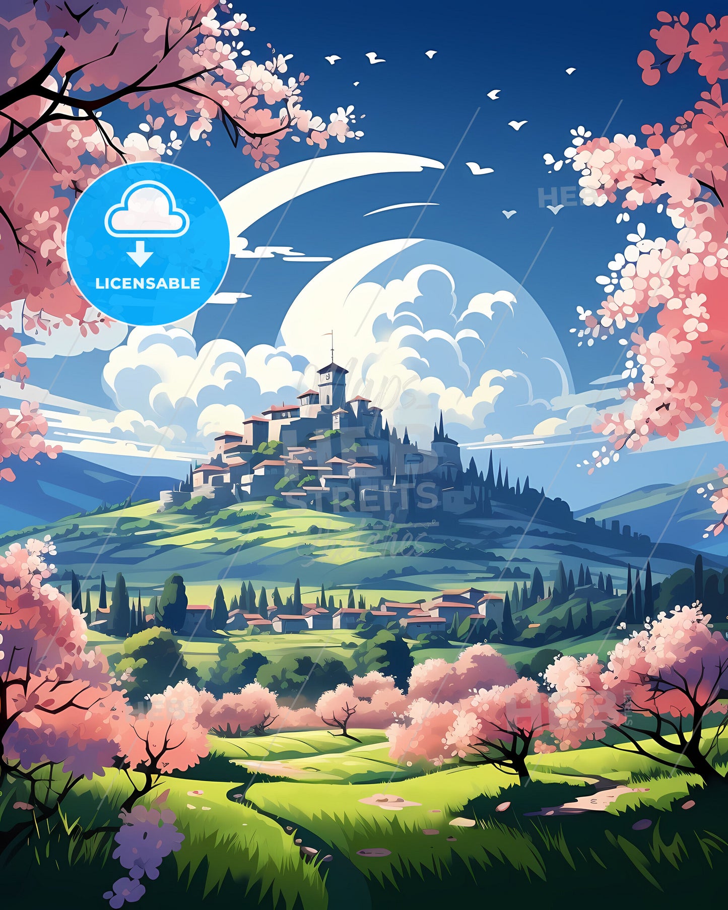 Picturesque Hama Syria Skyline Depicts Hilltop Castle Amidst Verdant Landscape and Azure Sky in Painterly Style