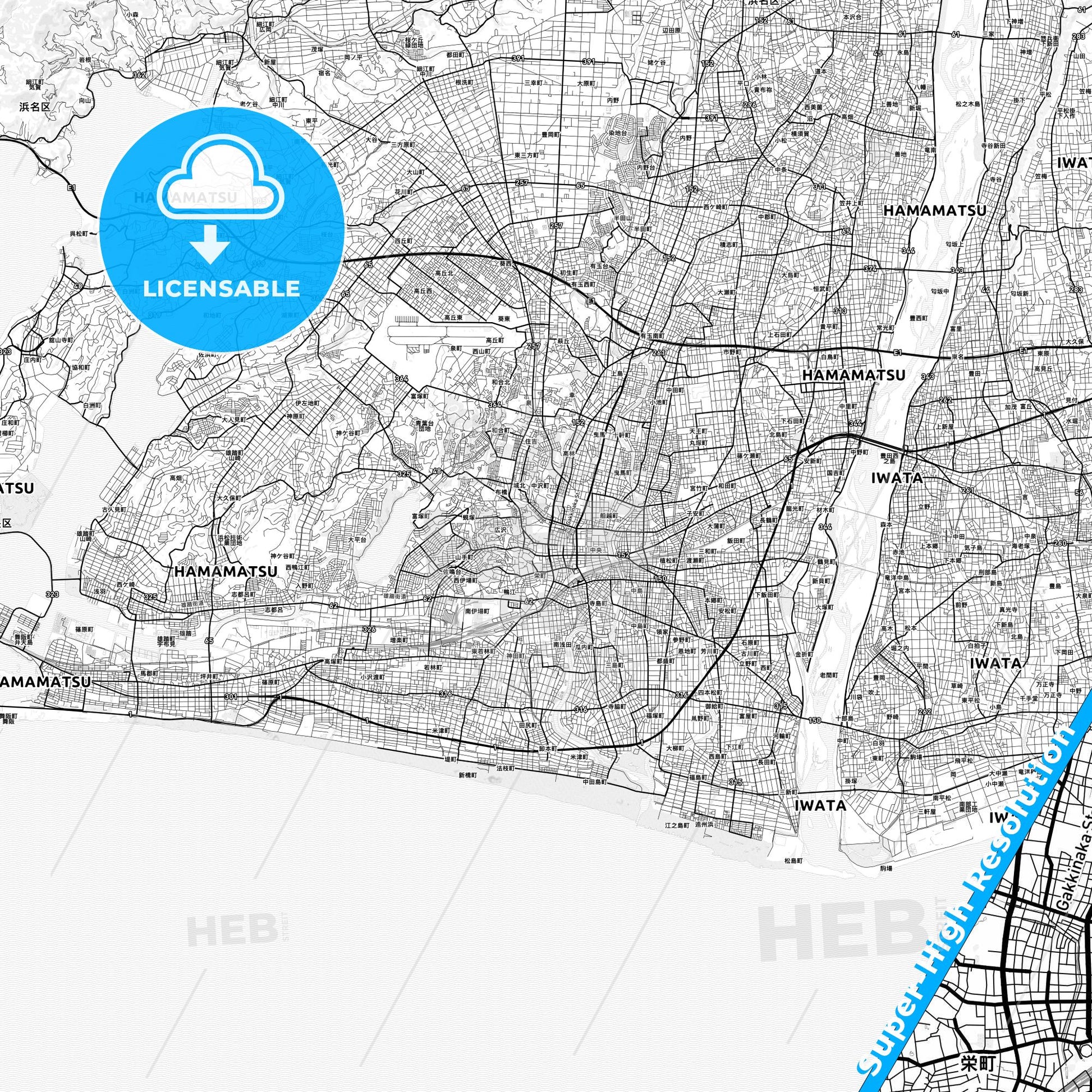 Hamamatsu, Japan light map with streetnames, citynames and districts
