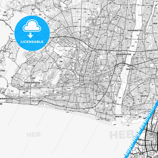 Hamamatsu, Japan light map with streetnames, citynames and districts